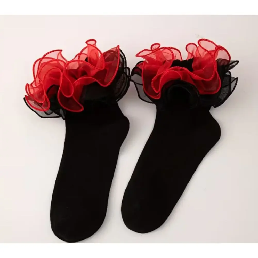 Black Socks with Red and Black Chiffon Ruffled Scallop Tops New Goth Lolita